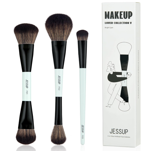 Jessup Face Makeup Brushes Blue 3Pcs Double Ended Makeup Brush For Foundation Contour Blush Highlight And Concealer Brush Premium Synthetic Brush Set T503