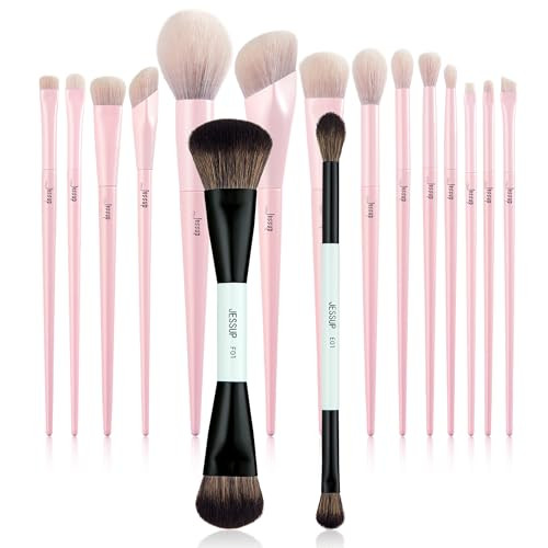 Jessup Pink Makeup Brushes 14Pcs T495 Bundled With Double Sided Makeup Brushes Set T502