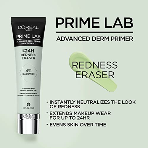 L'Oreal Paris Prime Lab Up To 24H Redness Eraser Face Primer Infused With Niacinamide To Reduce Face Redness And Extend Makeup Wear 1.01 Fl Oz