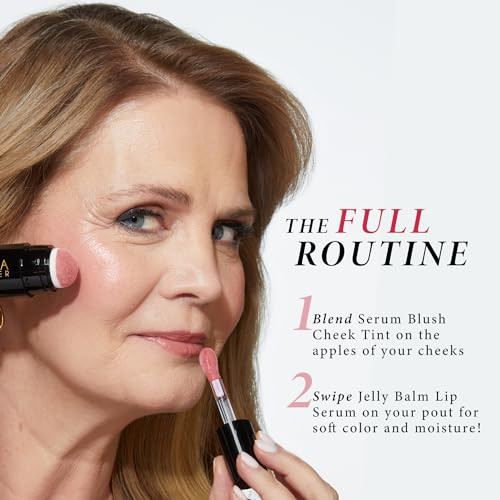 Laura Geller York Serum Staples Soothing Blush + Lip Duo - Blush Cheek Tint Practical Pink + Jelly Balm Lip Serum There She Rose