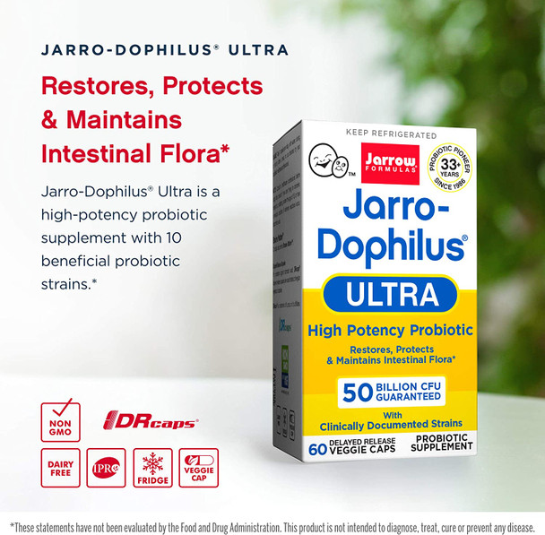 Jarrow Formulas Jarro-Dophilus Ultra - 50 Billion Viable Organisms Per Serving - 60 Delayed Release Veggie Caps - Restores, Protects & Maintains Intestinal Flora - 60 Servings