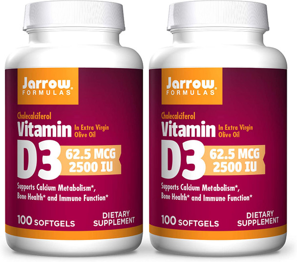 Jarrow Formulas Vitamin D3 2500 Iu - 100 Softgels, Pack Of 2 - Bone Health, Immune Function & Calcium Metabolism Support - 200 Total Servings