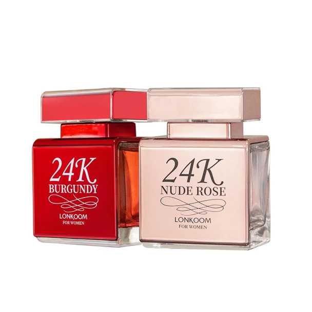 Lonkoom 24K Perfumes Set Sweet Flower Fruity Perfumes For Women Eau De Parfum Spray Long-Lasting Fragrance Notes Of Bergamot Vanilla Rose Musk Jasmine Mimosa (Burgundy & Nude Rose)