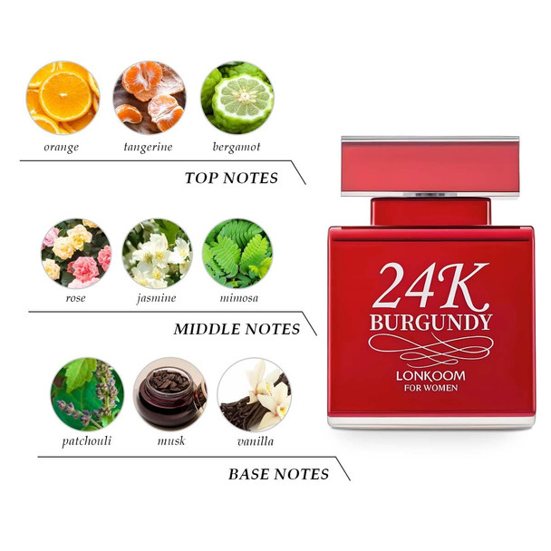 Lonkoom 24K Perfumes Set Sweet Flower Fruity Perfumes For Women Eau De Parfum Spray Long-Lasting Fragrance Notes Of Bergamot Vanilla Rose Musk Jasmine Mimosa (Burgundy & Nude Rose)