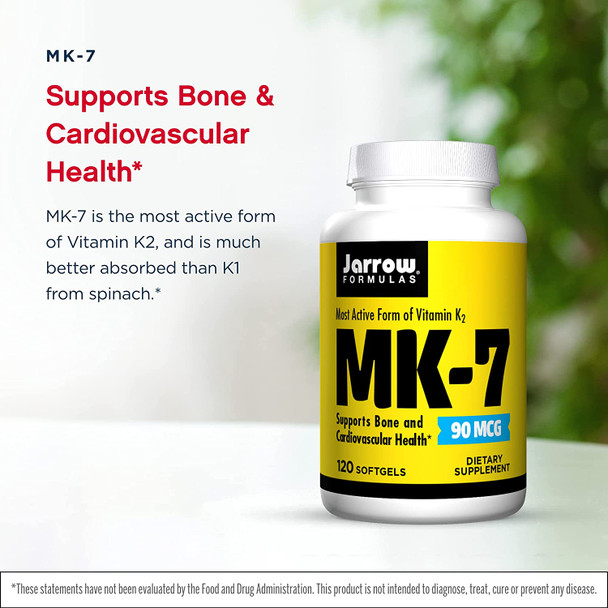 Jarrow Formulas Mk-7 90 Mcg - 120 Softgels - Superior Vitamin K Product For Building Strong Bones - Supports Heart & Cardiovascular Health - 120 Servings