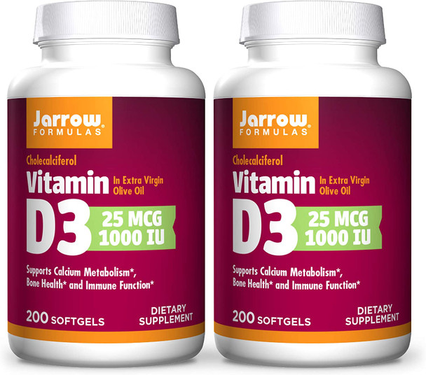 Jarrow Formulas Vitamin D3 1000 Iu - 200 Softgels, Pack Of 2 - Bone Health, Immune Function & Calcium Metabolism Support - 400 Total Servings