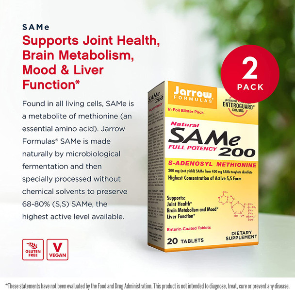 Jarrow Formulas Same 200 Mg - 20 Tablets, Pack Of 2 - Highest Concentration Of Active S,S Form - Supports Joint Health, Liver Function, Brain Metabolism, Mood & Antioxidant Defense - 40 Total Servings