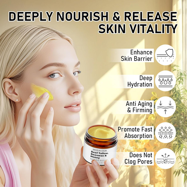 Mopayzer Beef Tallow For Skin Whipped Tallow Balm For Face & Body Grass Fed Beef Tallow Moisturizer With Tallow Beeswax & Honey Organic Face Cream For Skin Care Moisturizes & Repairs Dry Skin 2 Oz