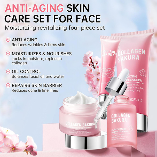Mopayzer Sakura Skin Care Set For Teen Girls Cherry Blossom Skincare Set For Teens & Women Moisturize & Repair Skin 6 Pcs Collagen Skin Care Kits With Cleanser Toner Lotion Serum Cream & Eye Cream