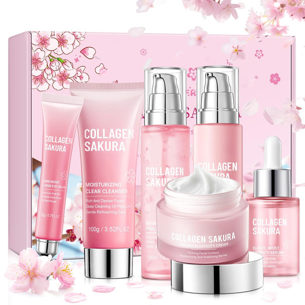 Mopayzer Collagen Sakura Skincare Set Cherry Blossom Skin Care Set For Teen Girls & Women Moisturizing & Revitalizing Skin 6Pcs Collagen Skin Care Routine Kits For Face Korean Daily Skin Care