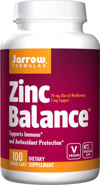 Jarrow Formulas Zinc Balance 15 Mg - 100 Veggie Caps, Pack Of 2 - Immune Support - Includes Copper - 200 Total Servings