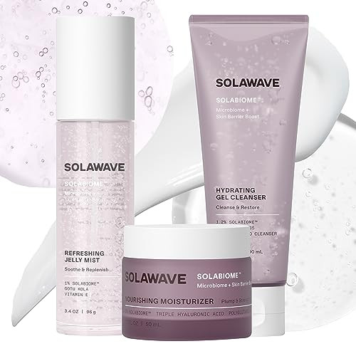 Solawave Microbiome + Skin Barrier Boosting Bundle (Cleanser Jelly Mist & Moisturizer) With Hyaluronic Acid Probiotics Solabiome Pro Vitamin B5 Gota Kula Vitamin E Antioxidants