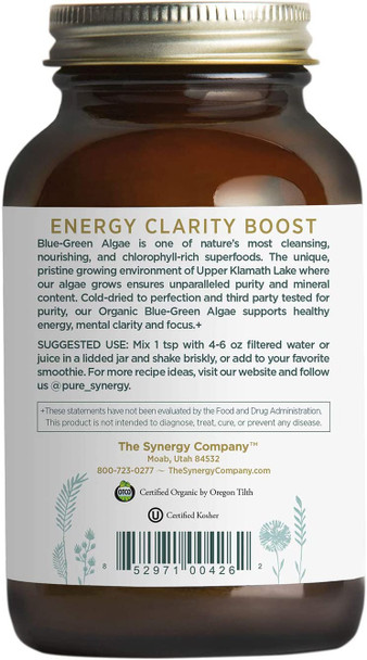 Pure Synergy Blue-Green Algae | 3.2 oz Powder | USDA Organic | Non-GMO | Vegan | Sourced from Upper Klamath Lake Oregon