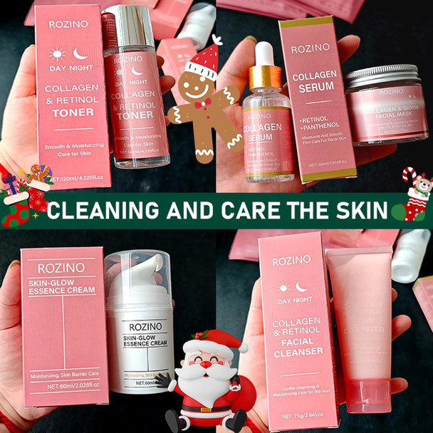 Xiaoks Christmas Collagen & Retinol Skincare Set - Complete 10+ Piece Kit With Cleanser Toner Lotion Serum Essence Cream Facial Masks - Moisturizing Smoothing For Day & Night Festive (7Pack)