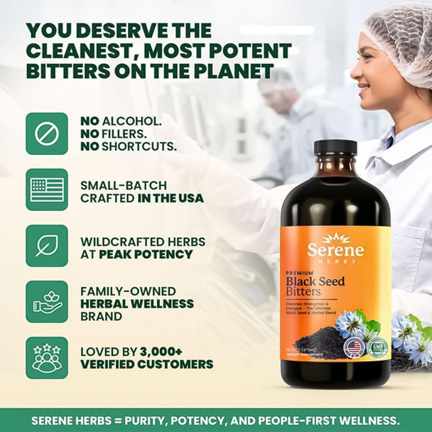 Serene Herbs Organic Black Seed Oil Bitters Liquid - Black Cumin Seed Extract, Nigella Sativa, Pure Blackseed Supplement with Thymoquinone for Immune Support & Digestion - Vegan - 16 oz