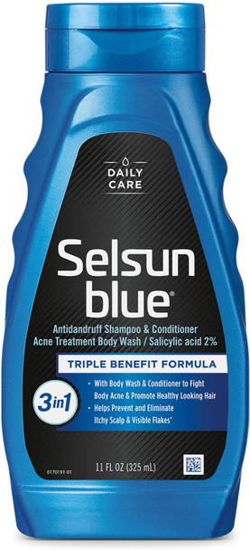 Selsun Blue 3-in-1 Anti-dandruff Shampoo, 11 fl. oz., with Conditioner & Acne Treatment Body Wash, Salicylic Acid 2%