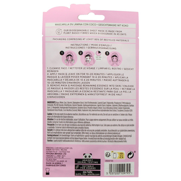 Oh K! Sheet Mask - Coconut - Moisturizing Face Mask - Hydrating Face Sheets - Rich in Hyaluronic Acid Peach Extract - Korean Skincare - 1 Pc