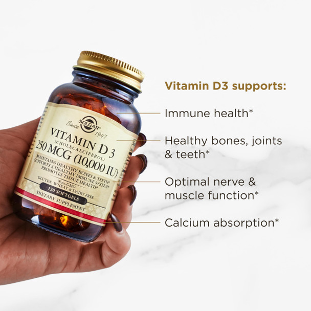 Solgar Vitamin D3 (Cholecalciferol) 250 MCG (10000 IU) 120 Softgels - Helps Maintain Healthy Bones & Teeth - Immune System Support - Non GMO Gluten/ Dairy Free - 120 Servings