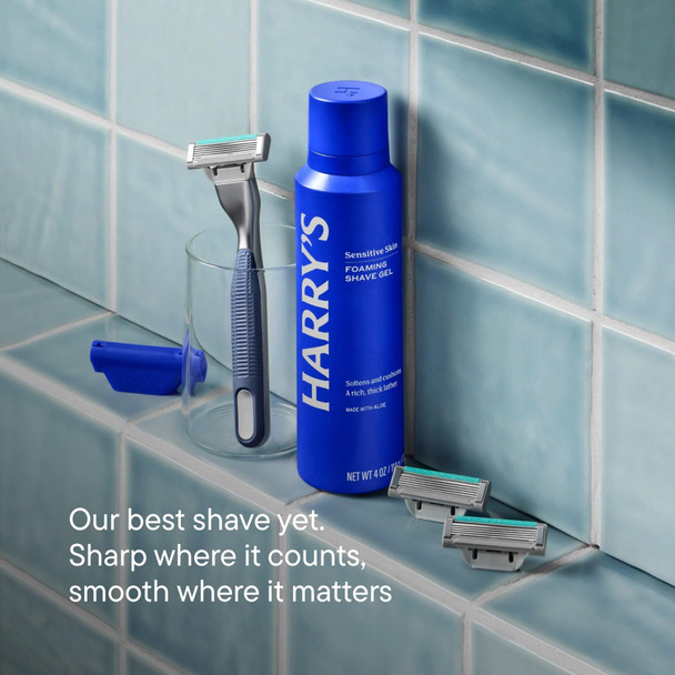 HARRY'S PLUS: Shaving Kit for Men - Gift Box with Premium Handle 5 Razor Blade Cartridges 2 oz Foaming Shave Gel & Travel Cover Advanced Pivoting System - Tide