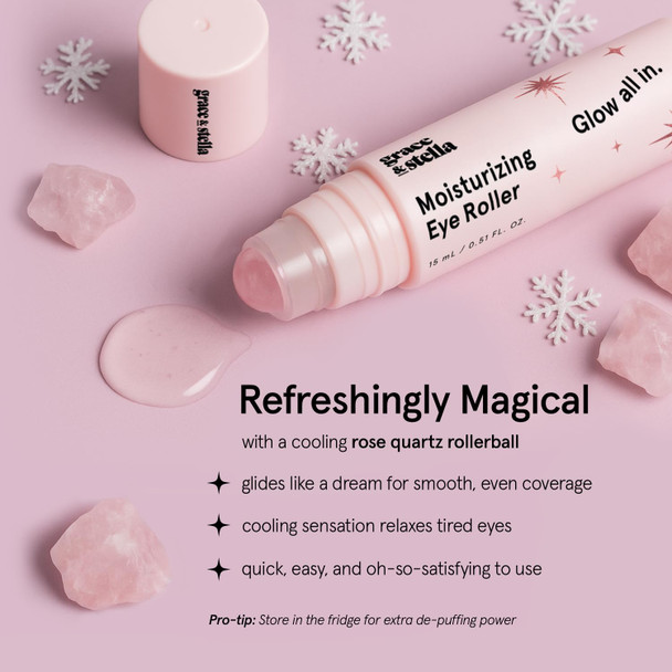 grace & stella Under Eye Brightener with Rose Quartz Rollerball - Hyaluronic Acid & Caffeine Eye Serum for Dark Circles & Puffiness - Travel Size Toiletries Womens Christmas Gifts (15ml / 0.51floz)