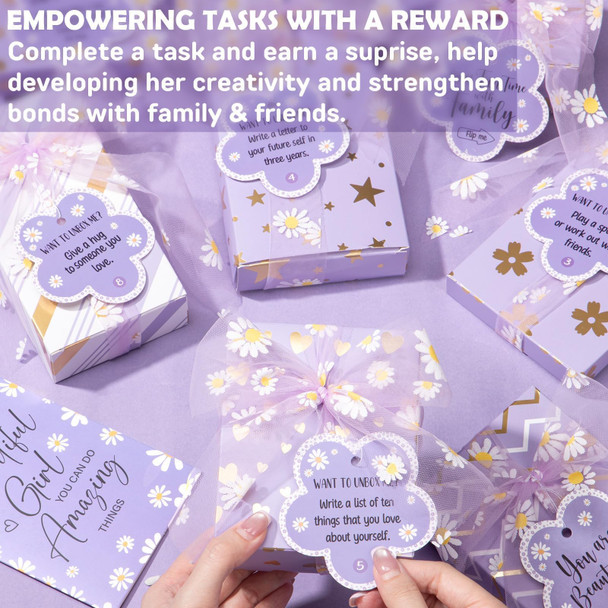 Qinline Valentine's Day Gifts for Tween & Teen Girls - 8 PCS Birthday Gift Basket Teenage Girl Trendy Stuff w/ Fun Task Tags Makeup Brushes & Bag Empower Wrapped Gift Box Stocking Stuffers for Daughter Niece