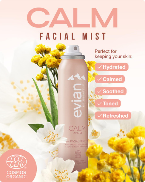 Evian Calm Facial Mist | Hydrating Mineral Water Face Spray with Aloe & Jasmine | Calming Toner Mist for Sensitive Skin | Travel Facial Spray to Hydrate Refresh & Calm Skin Anytime