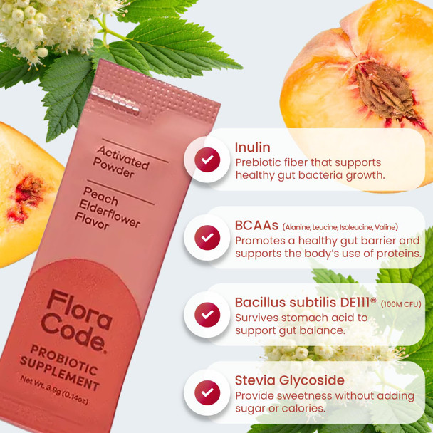 Flora Code Probiotic Powder Peach Elderflower Flavor 30 Day Supply
