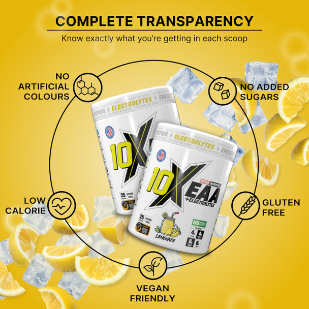 10X Athletic Full Essential Amino Acids Blend with Electrolytes Sugar Free EAA Powder for Energy Endurance Hydration and Recover 25 Servings 450 g Various Flavours (Lemonaze)