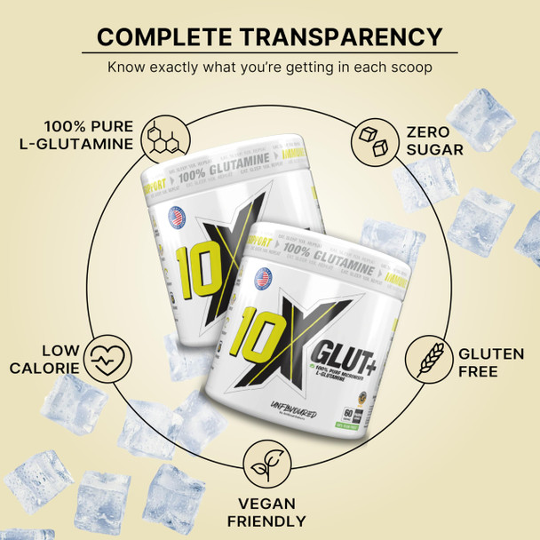 10X Athletic L-Glutamine Powder – 300g 60 Servings Micronized 100% Vegan Unflavoured