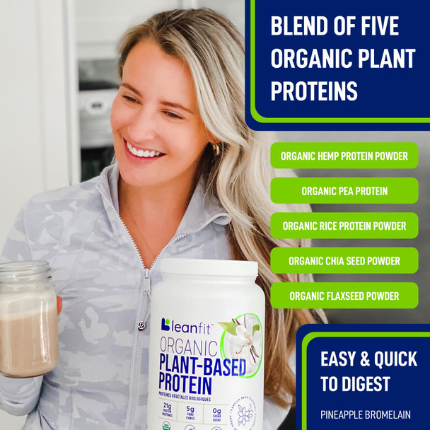 LEANFIT ORGANIC PLANT-BASED PROTEIN Natural Vanilla - Vegan Soy Free Gluten Free Dairy Free Sugar Free - 21g Protein 21 Servings 715g Tub