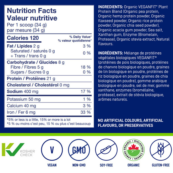 LEANFIT ORGANIC PLANT-BASED PROTEIN Natural Vanilla - Vegan Soy Free Gluten Free Dairy Free Sugar Free - 21g Protein 44 Servings, 1.5kg Bag