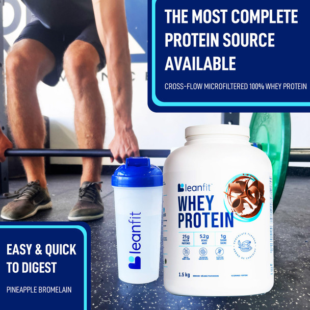 LEANFIT WHEY PROTEIN Natural Chocolate – 100% Whey Protein Powder 25g Protein Per Serving – Grass-Fed Gluten-Free BCAAs Amino Acid - 45 Servings 1.5kg Tub