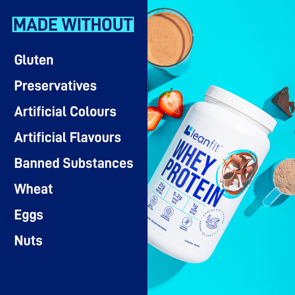 LEANFIT WHEY PROTEIN Natural Chocolate – 100% Whey Protein Powder 25g Protein Per Serving – Grass-Fed Gluten-Free BCAAs Amino Acid - 26 Servings 858g Tub