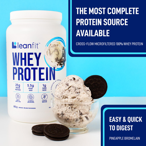 LEANFIT WHEY PROTEIN Cookies & Cream – 100% Whey Protein Powder 25g Protein Per Serving – Grass-Fed Gluten-Free BCAAs Amino Acid - 26 Servings 851g Tub