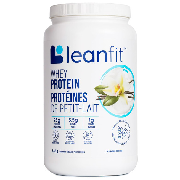 LEANFIT WHEY PROTEIN Natural Vanilla – 100% Whey Protein Powder 25g Protein Per Serving – Grass-Fed Gluten-Free, BCAAs Amino Acid - 26 Servings 832g Tub