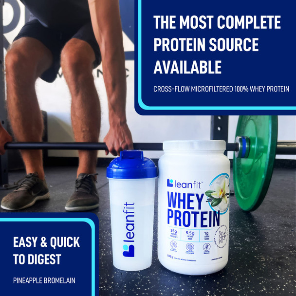 LEANFIT WHEY PROTEIN Natural Vanilla – 100% Whey Protein Powder 25g Protein Per Serving – Grass-Fed Gluten-Free, BCAAs Amino Acid - 26 Servings 832g Tub