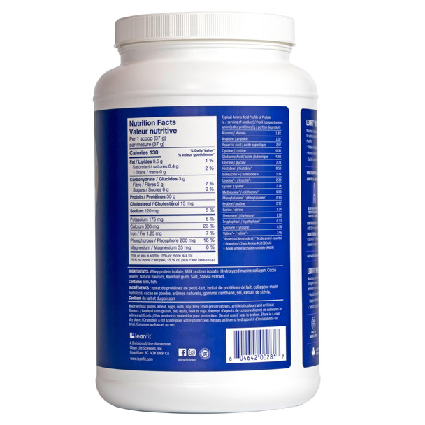 LEANFIT SPORT PROTEIN ISOLATE & MARINE COLLAGEN Chocolate Hazelnut Grass-Fed Protein Isolate and 100% Hydrolyzed Marine Collagen Powder (Type I, III) 30g Protein and 10g Collagen Per Serving 24 Servings 880g Tub