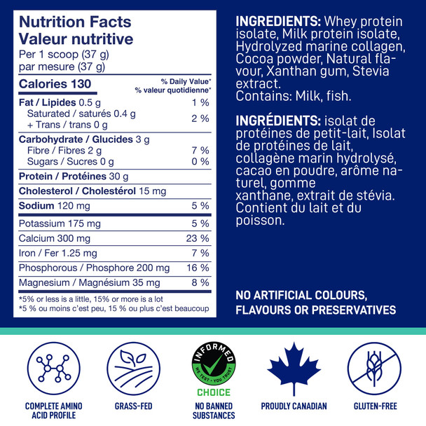 LEANFIT SPORT PROTEIN ISOLATE & MARINE COLLAGEN Chocolate Hazelnut Grass-Fed Protein Isolate and 100% Hydrolyzed Marine Collagen Powder (Type I, III) 30g Protein and 10g Collagen Per Serving 24 Servings 880g Tub