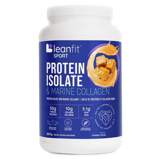 LEANFIT SPORT PROTEIN ISOLATE & MARINE COLLAGEN Salted Caramel Grass-Fed Protein Isolate and 100% Hydrolyzed Marine Collagen Powder (Type I, III) 30g Protein and 10g Collagen Per Serving 24 Servings 824g Tub