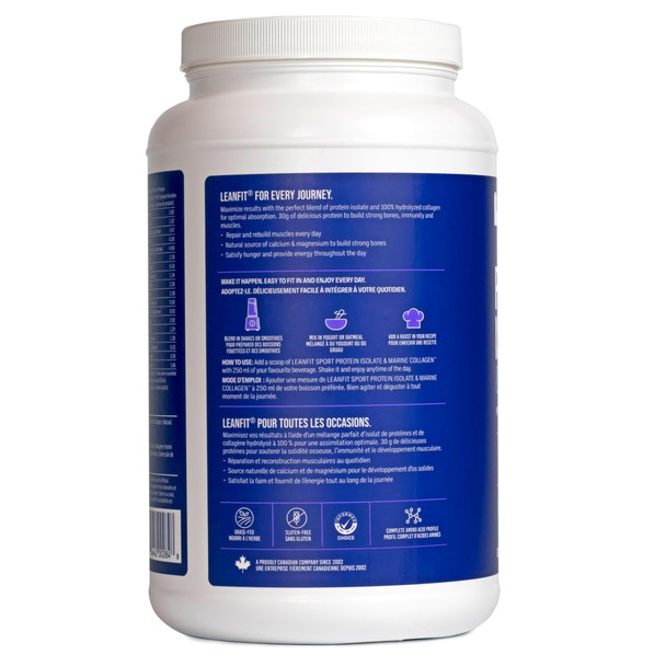 LEANFIT SPORT PROTEIN ISOLATE & MARINE COLLAGEN Strawberry Raspberry Grass-Fed Protein Isolate and 100% Hydrolyzed Marine Collagen Powder (Type I, III) 30g Protein and 10g Collagen Per Serving 24 Servings 828g Tub