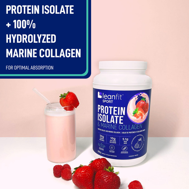 LEANFIT SPORT PROTEIN ISOLATE & MARINE COLLAGEN Strawberry Raspberry Grass-Fed Protein Isolate and 100% Hydrolyzed Marine Collagen Powder (Type I, III) 30g Protein and 10g Collagen Per Serving 24 Servings 828g Tub