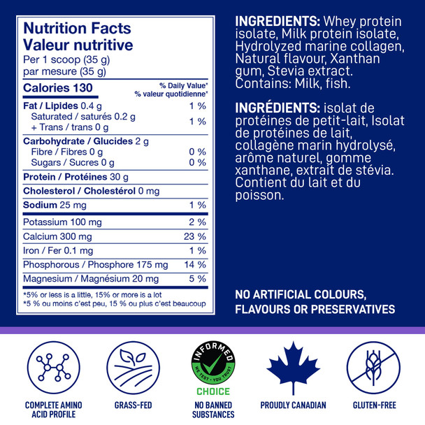 LEANFIT SPORT PROTEIN ISOLATE & MARINE COLLAGEN Natural Vanilla Grass-Fed Protein Isolate and 100% Hydrolyzed Marine Collagen Powder (Type I, III) 30g Protein and 10g Collagen Per Serving 24 Servings 838g Tub