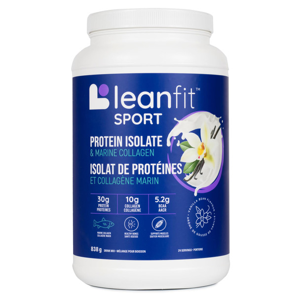 LEANFIT SPORT PROTEIN ISOLATE & MARINE COLLAGEN Natural Vanilla Grass-Fed Protein Isolate and 100% Hydrolyzed Marine Collagen Powder (Type I, III) 30g Protein and 10g Collagen Per Serving 24 Servings 838g Tub