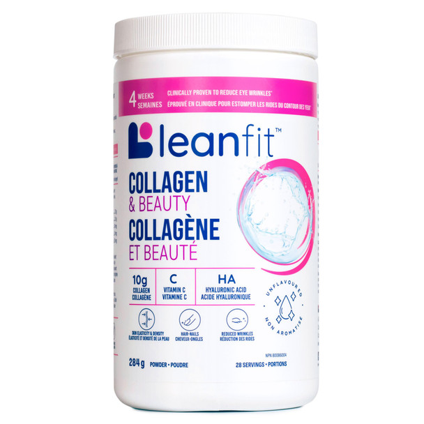 LEANFIT COLLAGEN & BEAUTY Unflavoured - 10g Bioactive Collagen Peptides Powder + Vitamin C + Hyaluronic Acid - Clinically Proven to Reduce Eye Wrinkles in Just 4 Weeks - 28 Servings 284g Tub