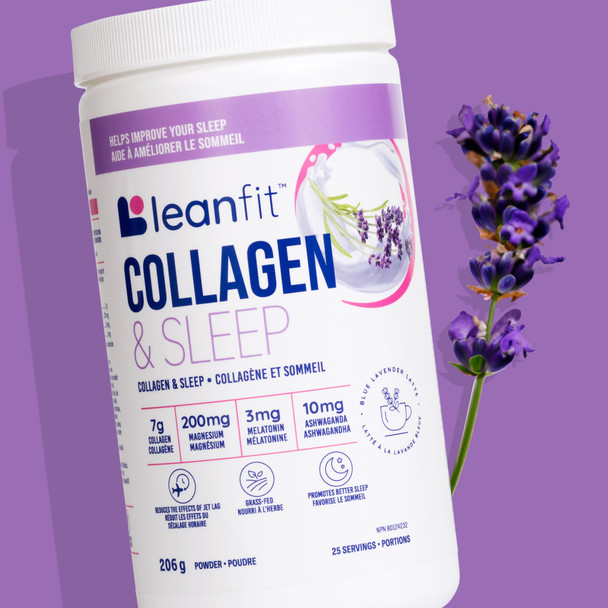 LEANFIT COLLAGEN & SLEEP™ Blue Lavender Latte - 7g Collagen + 200mg Magnesium + 3mg Melatonin + 10mg Ashwagandha - Improves Sleep & Reduces Effects of Jet Lag - 25 Servings 206g Tub