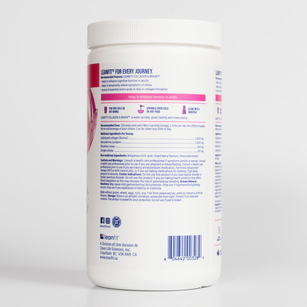 LEANFIT COLLAGEN & BRAIN™ Raspberry - 7g Collagen + Reishi + Ginkgo + Rhodiola - Enhances Memory & Cognitive Function in Adults - 25 Servings 245g tub