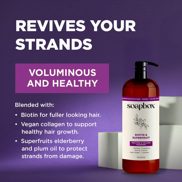 Soapbox Biotin Shampoo Biotin & Collagen Super Fruit Shampoo for Thin Fine Thinning Hair | Volumizing & Repairing to Promote Hair Growth Strength Fullness 1 Liter Pump Bottle