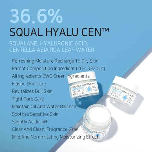 APLB Squalane Hyaluronic Acid Facial Cream  SQUAL HYALU CEN 36.6% 1.86 FL.OZ/Korean Skincare Deep hydration Moisturizer Dry skin Wrinkle Care Revitalize for gentle and improve skin texture
