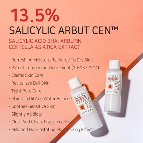 APLB Salicylic Acid BHA Arbutin Facial Toner  SALICYLIC ARBUT CEN 13.5% 5.41 FL.OZ/Korean Skincare Acne & Pore Care Replenishing Moisture Revitalize for Gentle and Improve Skin Texture