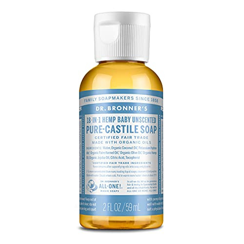 Dr. Bronner's - Pure-Castile Liquid Soap (Baby Unscented Travel Size 2 ounce) - Made with Organic Oils 18-in-1 Uses: Face Body Hair Laundry Pets and Dishes Concentrated Vegan Non-GMO